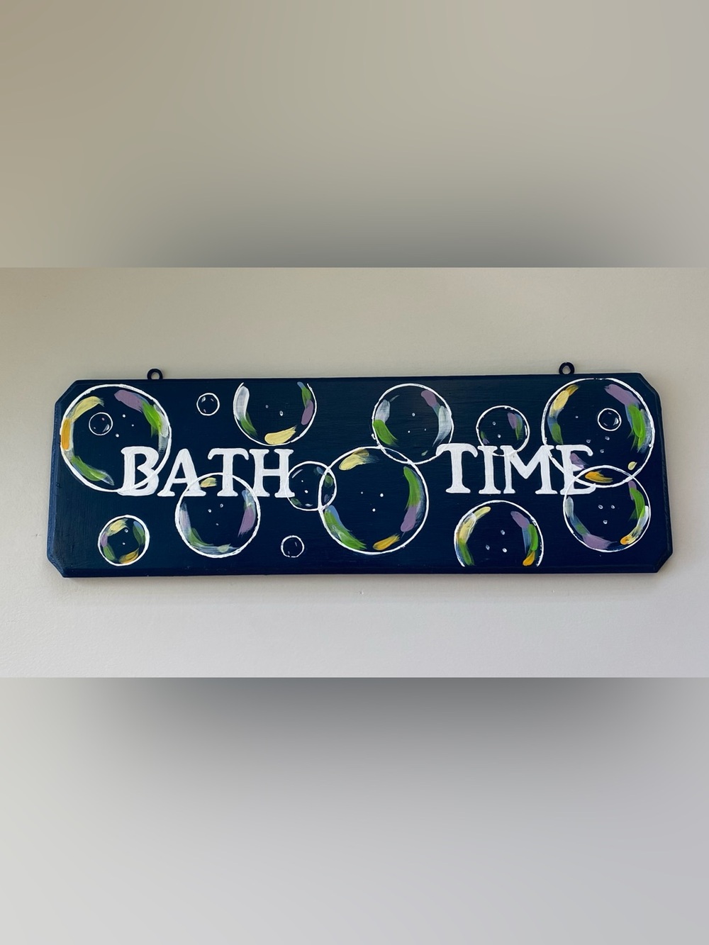 Original Art hand painted Navy Blue Bath Time bubble wood plaque